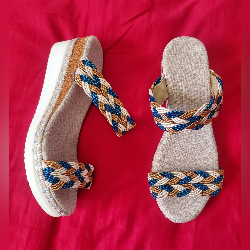 NWOT Elegant Braided, Platform Sandals, Vibrant Colors, Med-Wide Feet, 7